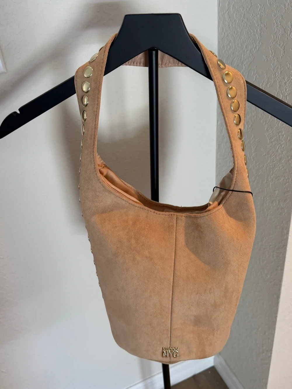 Tan Suede Studded Hobo Bag